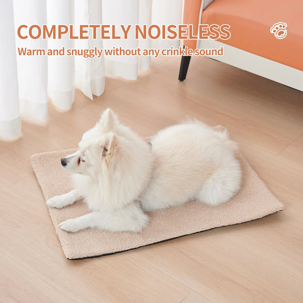Grey self-heating plush pet bed blanket for cats on wooden floor
