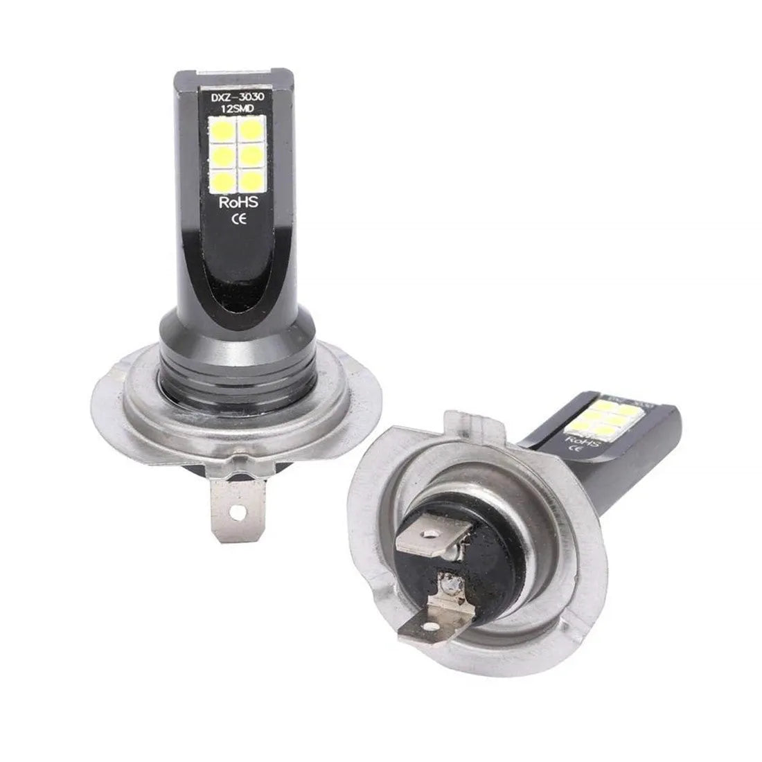 H7 110W LED car fog light bulb with aluminium housing and 12 white SMD LEDs.