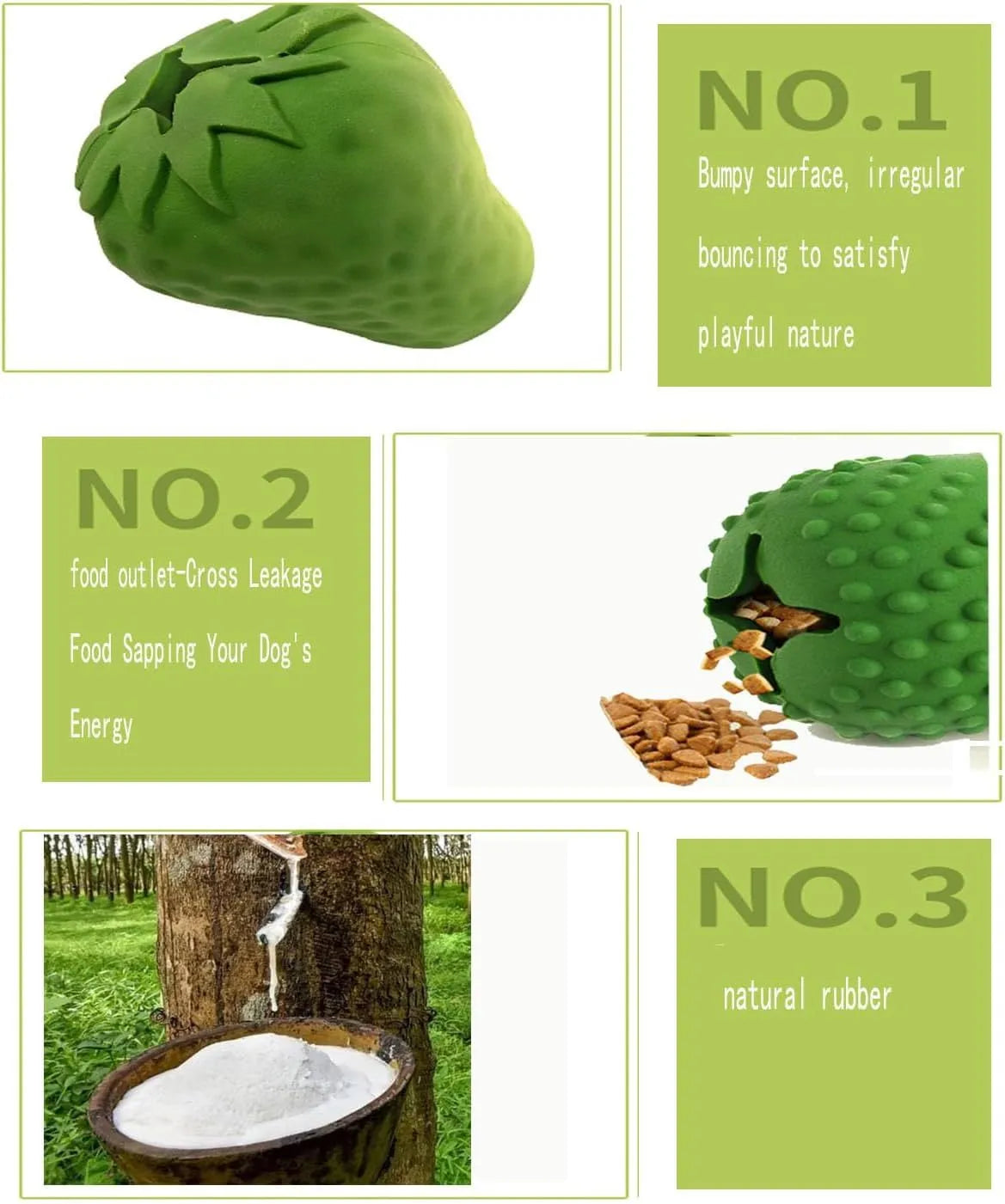 Green strawberry dog chew toy made from natural rubber and bamboo fibre, treat dispenser for small to large dogs