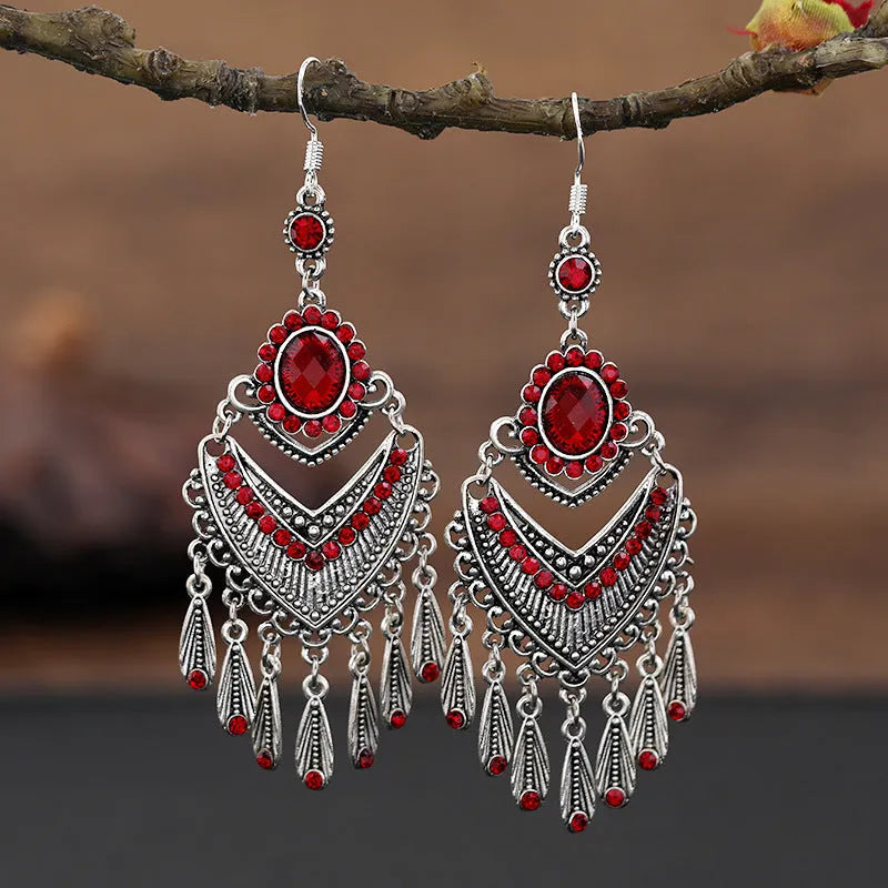 Purple retro crystal long fringe drop earrings with ethnic style details on an alloy base.