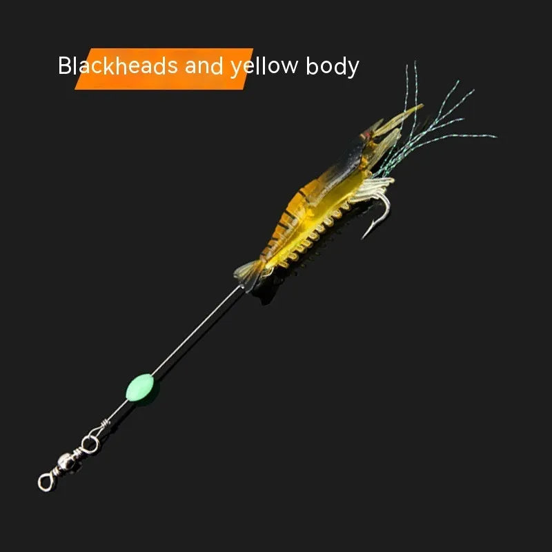 Six soft plastic fishing lures with hooks in various colours including black head yellow body and luminous pink.