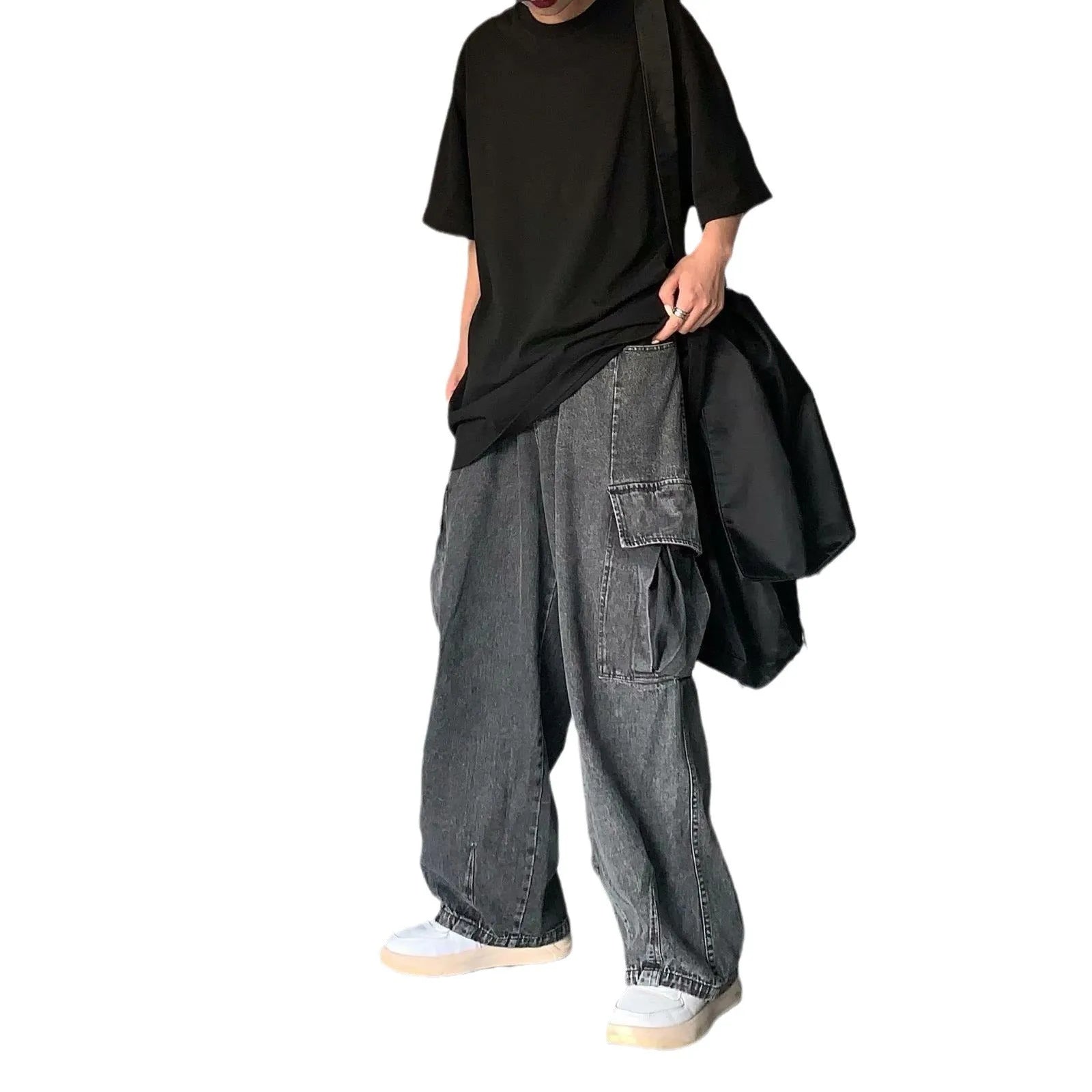 Street retro loose cargo jeans with large pockets, cropped straight-leg, in blue colour