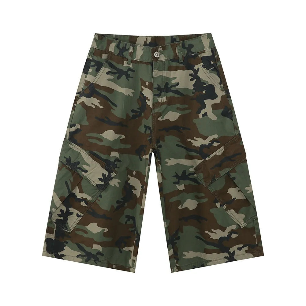 Men's cotton camouflage wide-leg cargo trousers with cropped length on a neutral background.