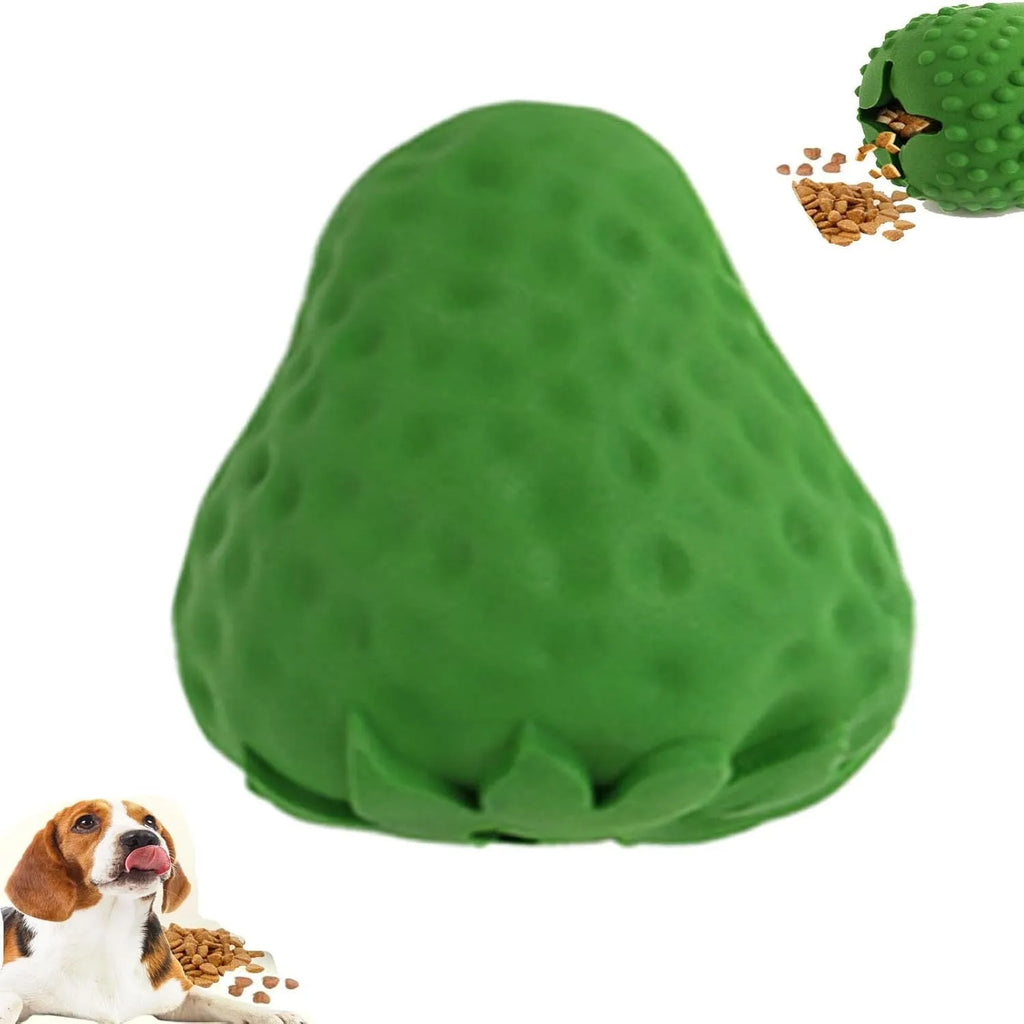 Green strawberry dog chew toy made from natural rubber and bamboo fibre, treat dispenser for small to large dogs