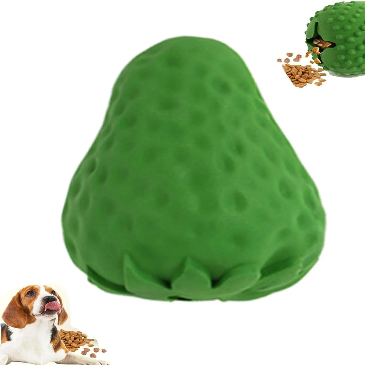 Green strawberry dog chew toy made from natural rubber and bamboo fibre, treat dispenser for small to large dogs