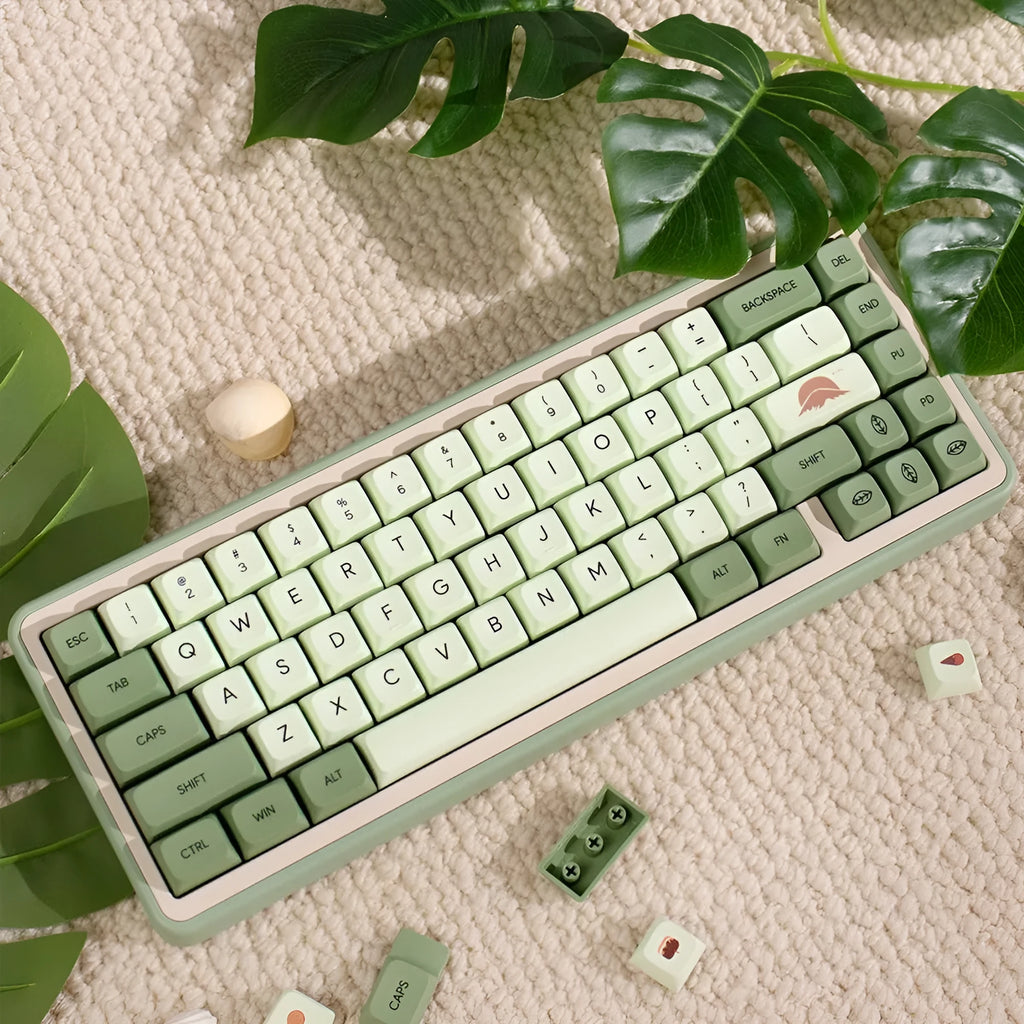 124 PBT dye-sublimation keycap set in matcha green colour on a keyboard.