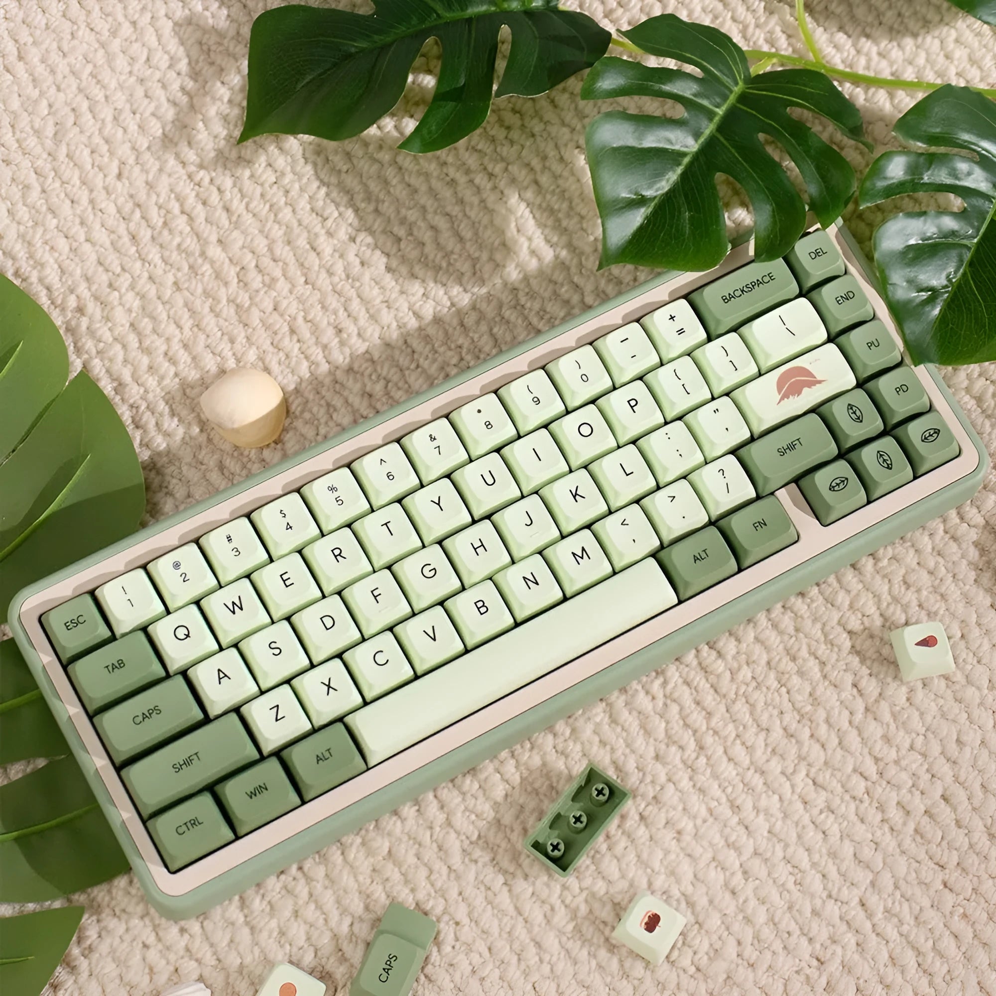 124 PBT dye-sublimation keycap set in matcha green colour on a keyboard.