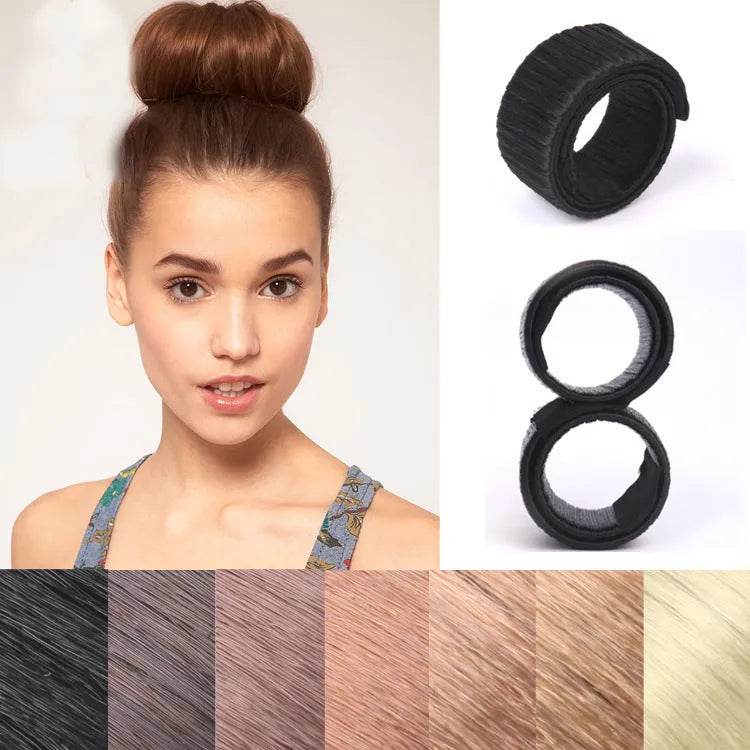 Magic French Twist hair bun maker in beige on a white background showing folded and unfolded positions