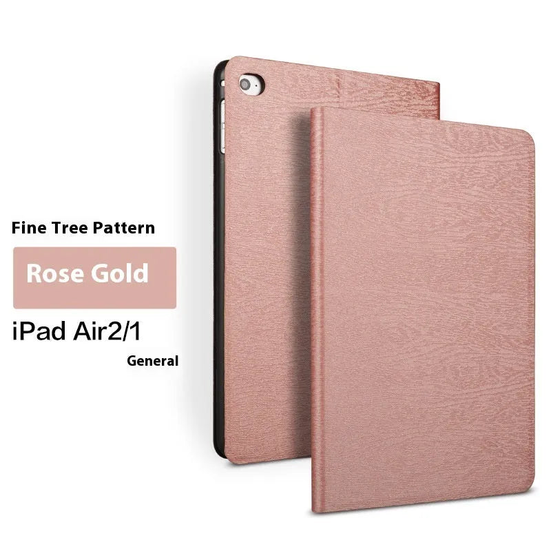 Universal iPad protective cover with sleep bracket in imitation leather, shown in black and sapphire blue colours