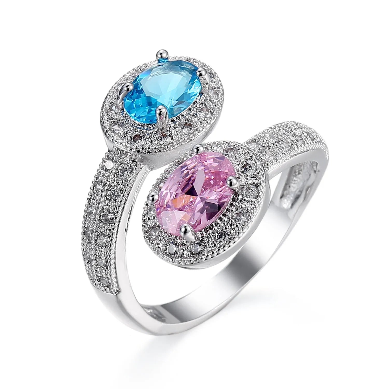 Fashion copper ring for women with zircon stones in rose jade colour, shown on hand