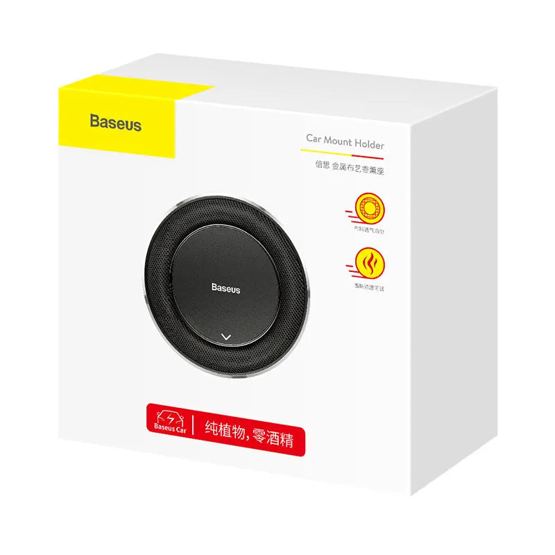 Round aluminium alloy car fragrance diffuser in black, red, and silver colours with four tablets.