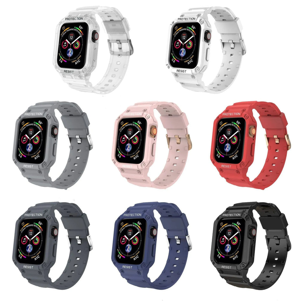 Soft TPU sport watch strap for Apple Watch Series 8 in multiple colours on a white background.