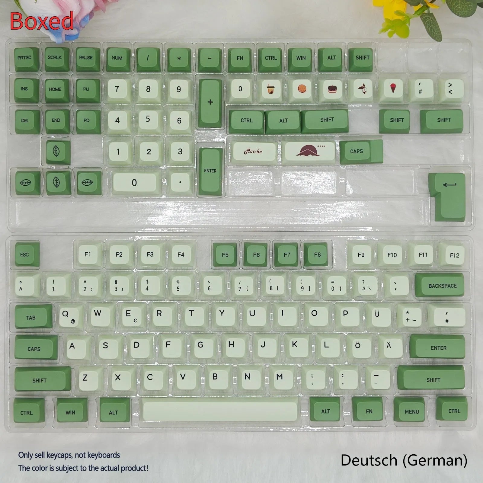 124 PBT dye-sublimation keycap set in matcha green colour on a keyboard.