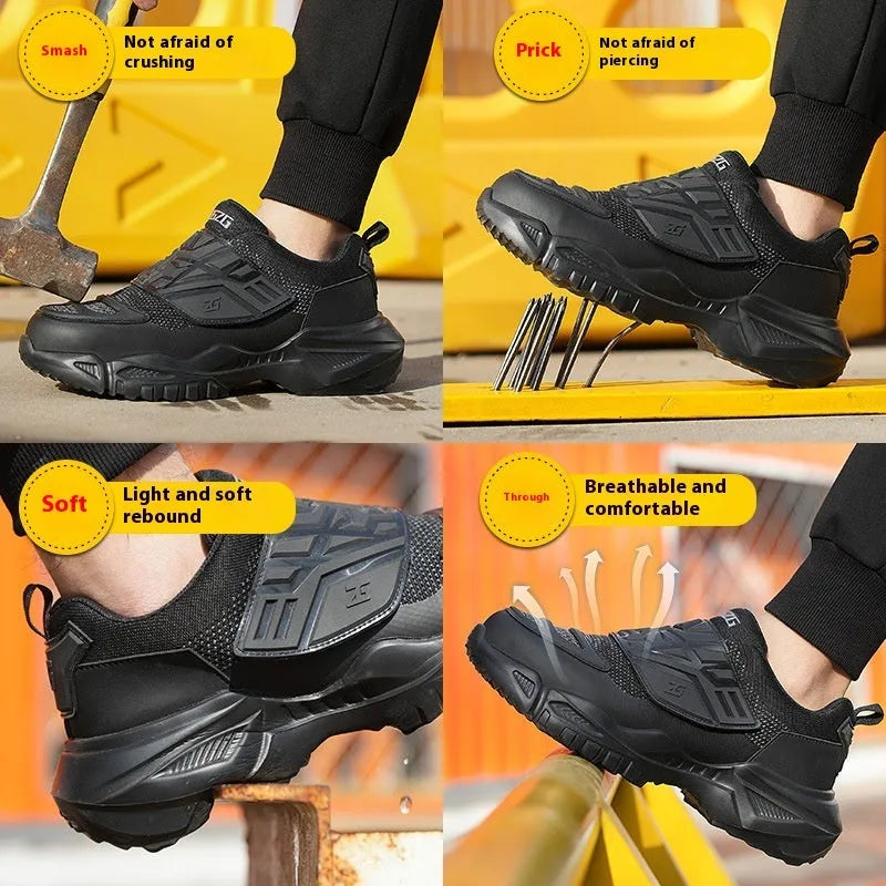 Black mens safety work shoes with steel toe cap and felt buckle closure