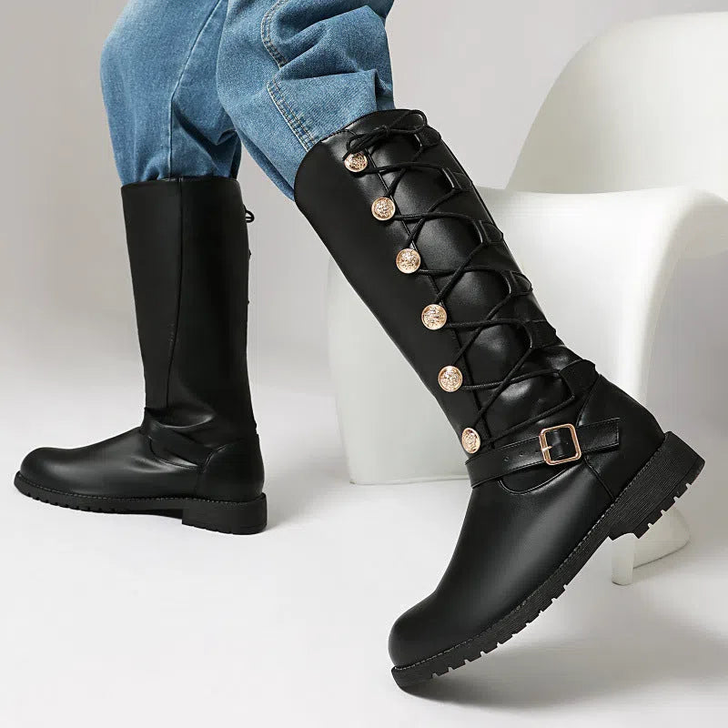 Women's high-top synthetic leather boots with chunky heel, side zipper, and round toe in black colour