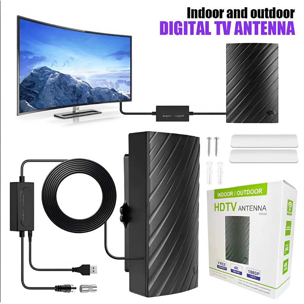 Black plastic digital television antenna with mounting screws and cable ties on a white background.