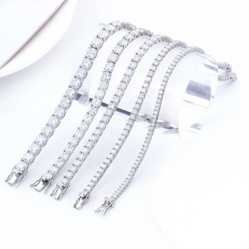 Full set moissanite S925 silver bracelet with square and hexagonal star motifs in platinum finish on a white background