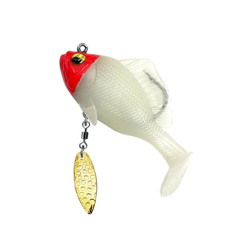Rotating sequins T tail fishing bait in 10g and 14g, shown in multiple colour options for freshwater bass and mandarin fish.