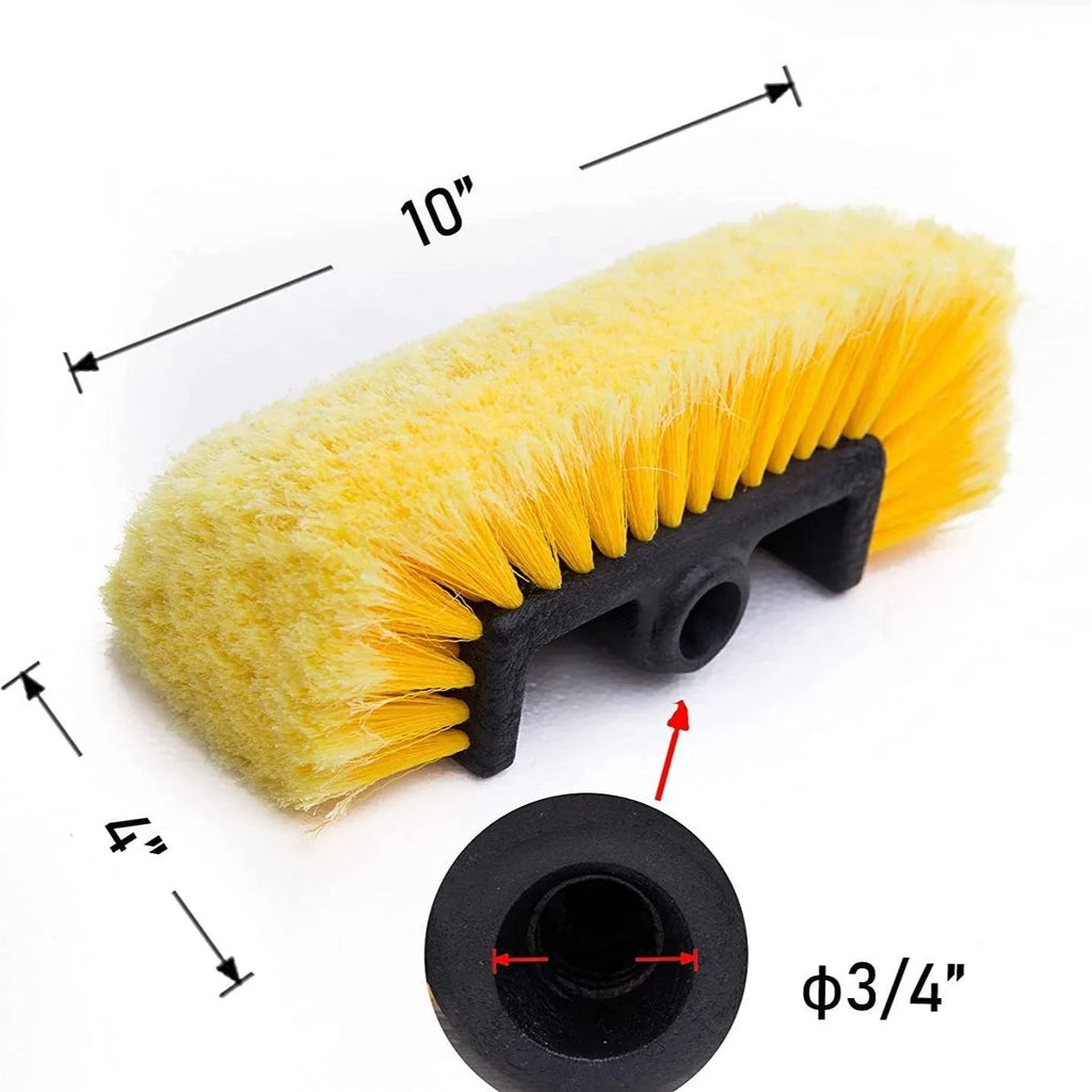 Portable car wash brush with removable four-section rod and flow-through brush head in yellow colour