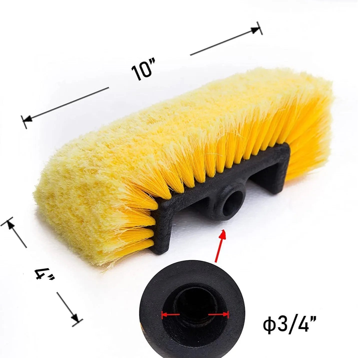 Portable car wash brush with removable four-section rod and flow-through brush head in yellow colour