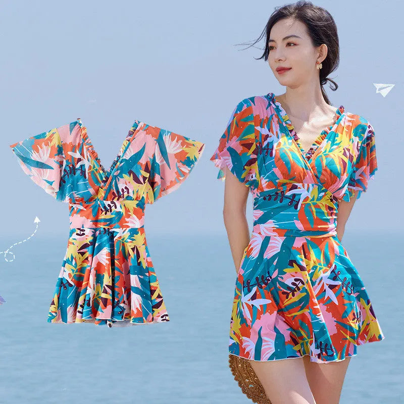 Women's floral print one-piece swimsuit with belly control panel