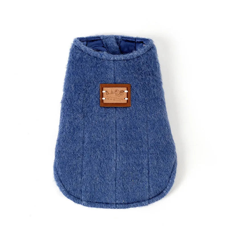 Small dog wearing a blue Korean-style cotton cashmere vest for autumn and winter pet clothing
