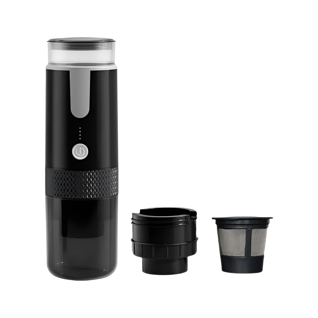 Black portable wireless coffee machine with K-Cup compatibility for outdoor and vehicle use