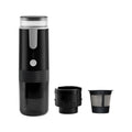 Black portable wireless coffee machine with K-Cup compatibility for outdoor and vehicle use