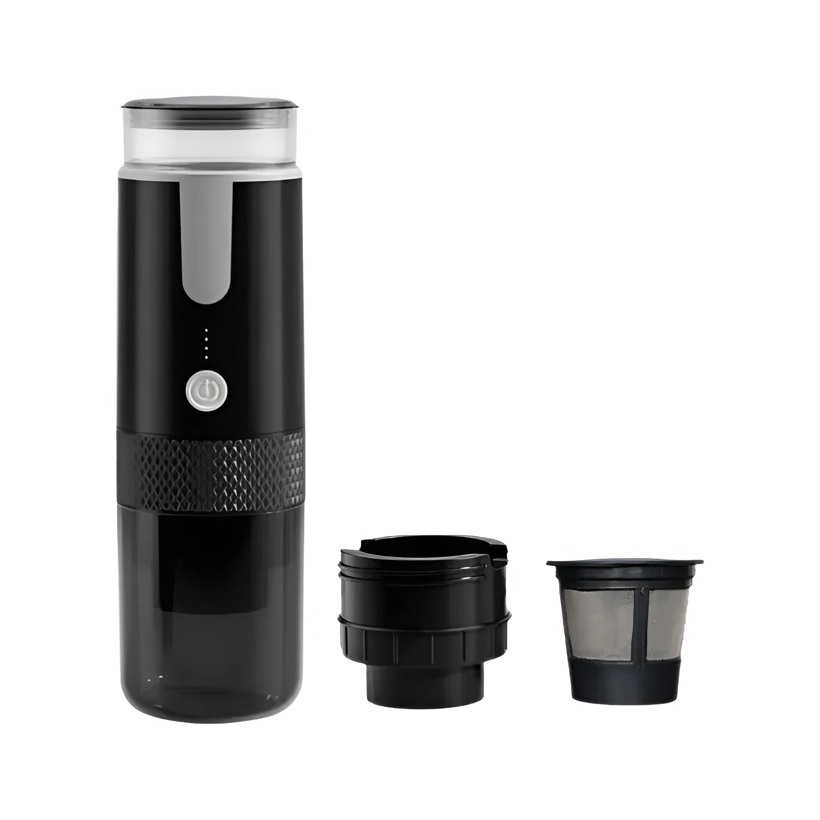 Black portable wireless coffee machine with K-Cup compatibility for outdoor and vehicle use