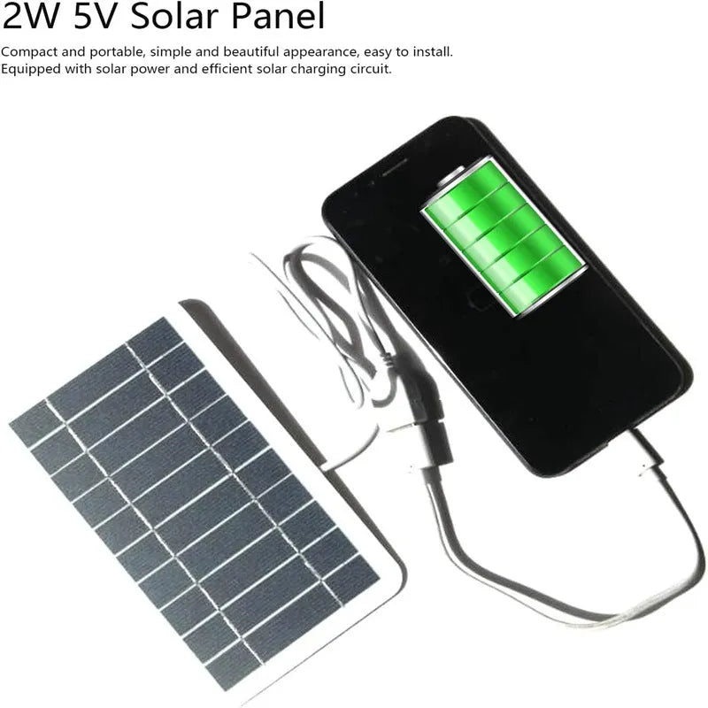 2W 5V solar panel charger with USB port and 50cm cable on white background
