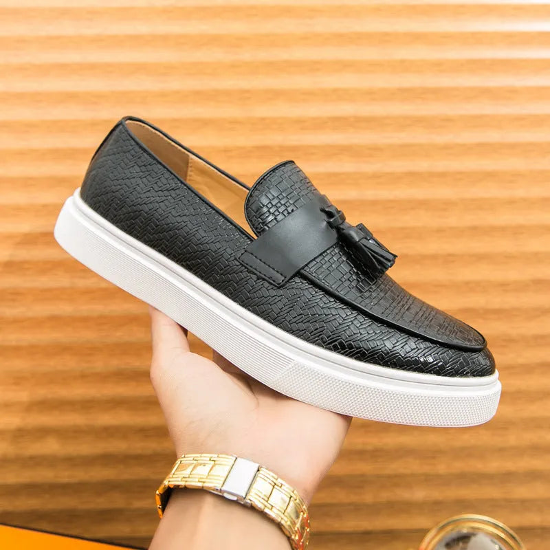 Men's black casual shoes with fringed detailing on artificial PU leather uppers
