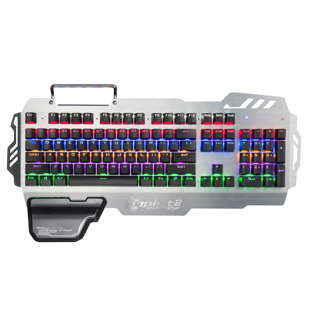 Silver metal gaming keyboard with detachable wrist splint on desktop