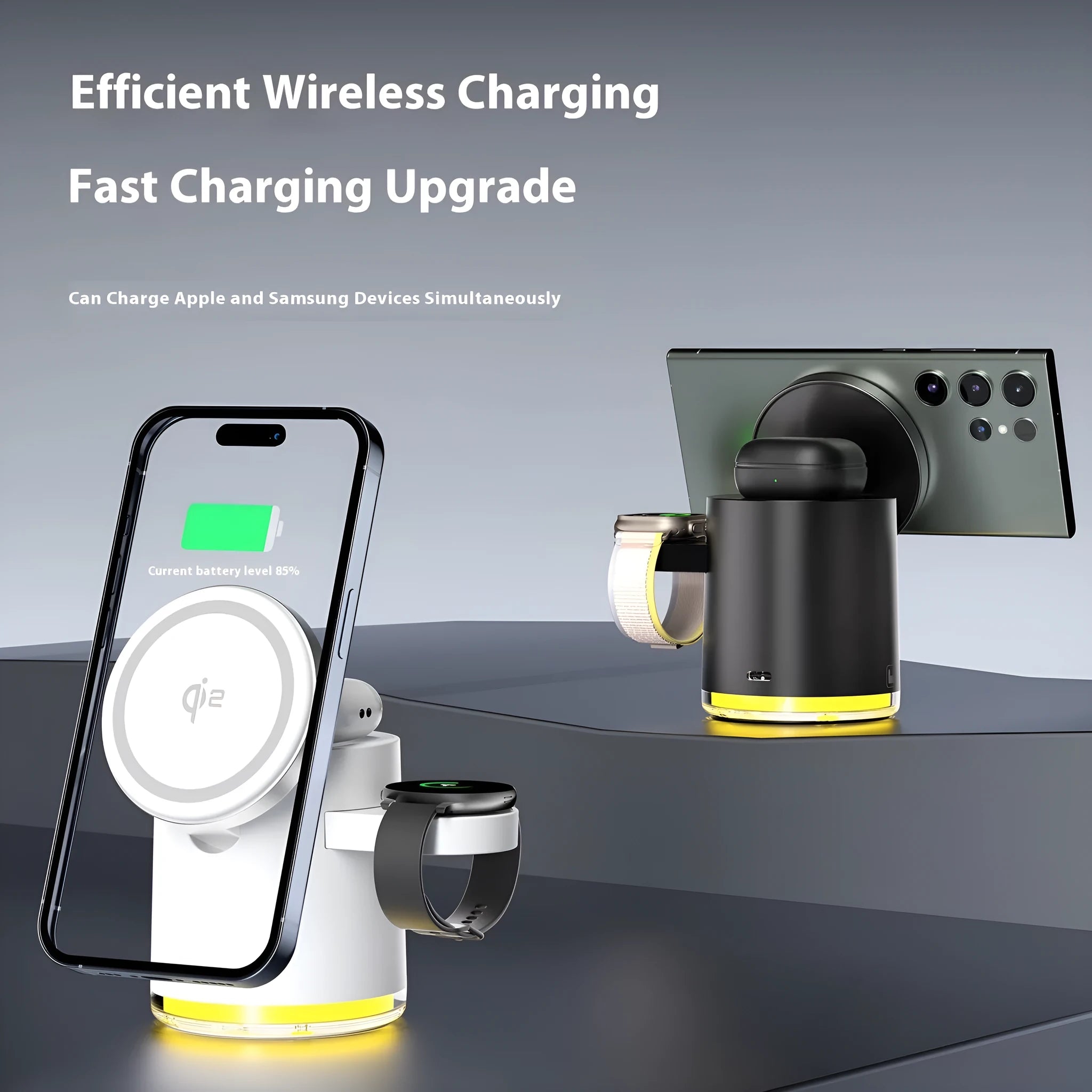 Portable ivory white magnetic folding wireless charger showing phone, watch, and earbuds charging simultaneously.