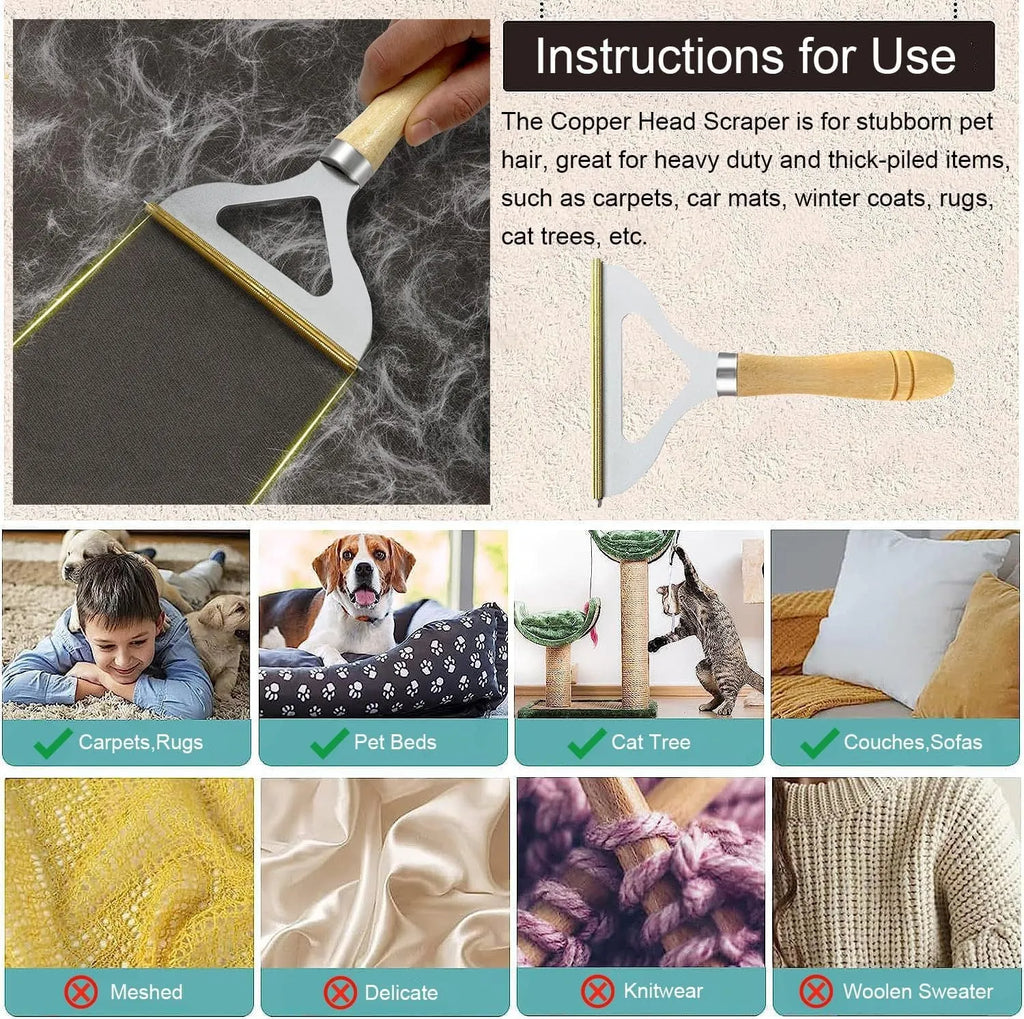 Three-piece pet hair remover set showing metal lint tool, silicone brush, and round sticky surface cleaner