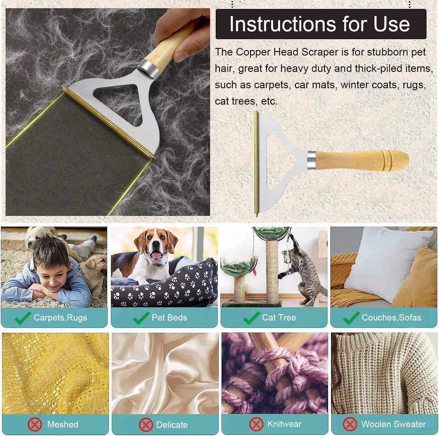 Three-piece pet hair remover set showing metal lint tool, silicone brush, and round sticky surface cleaner