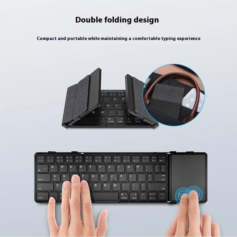 Black folding Bluetooth keyboard for mobile phones and tablets shown in open and closed positions