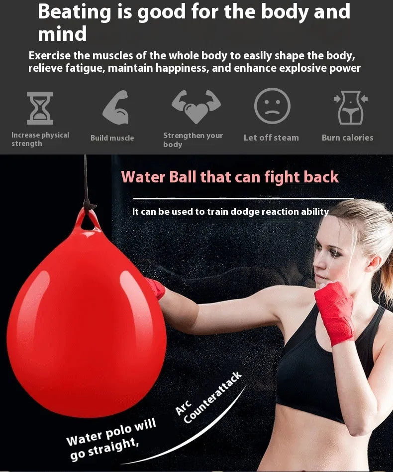 Red water-filled boxing reaction ball with hook rope for hanging installation