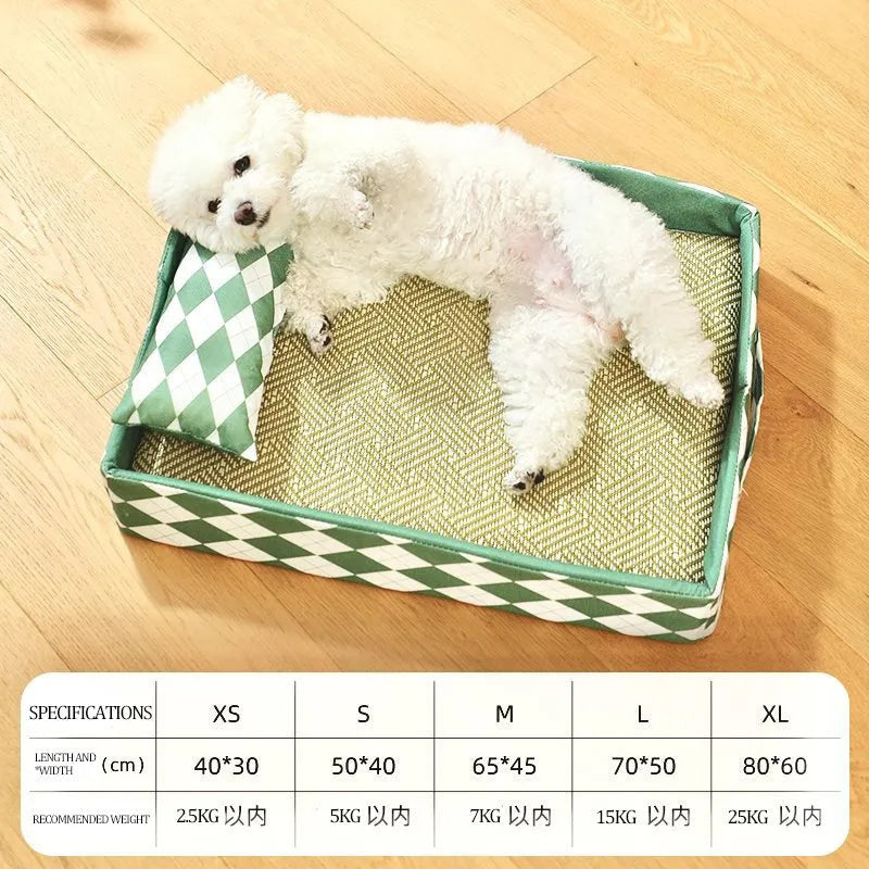 Blue woven rattan cat mat with raised edges, shown beside a cat litter tray.