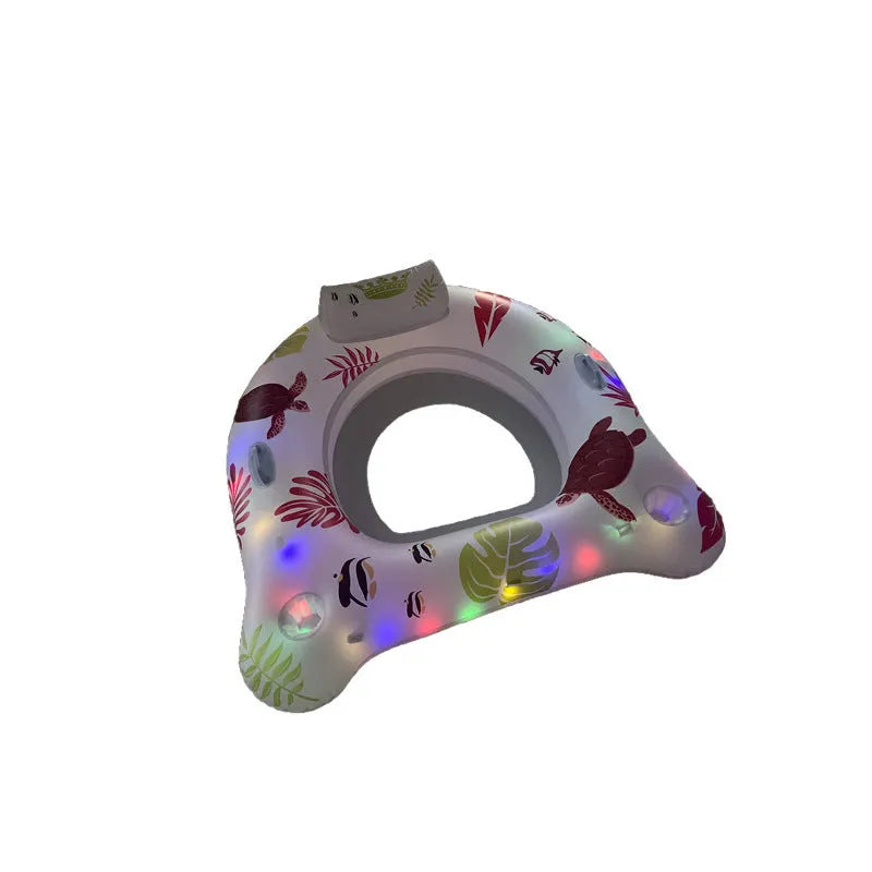 White luminous U-shaped inflatable pool float on water.