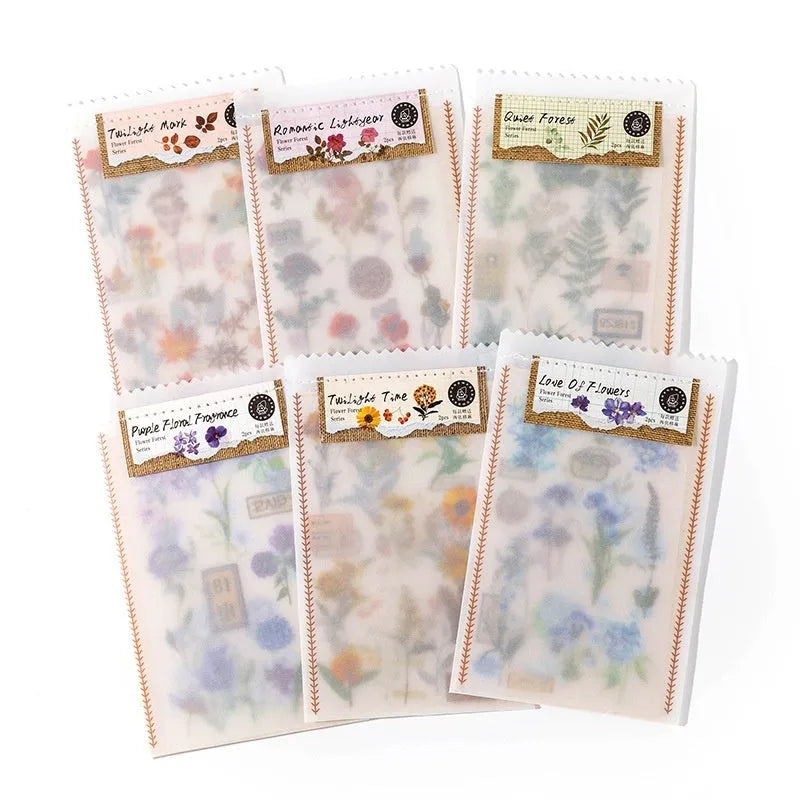 Huazhisen series forest art sticker pack showing six colour designs at 85x180mm size