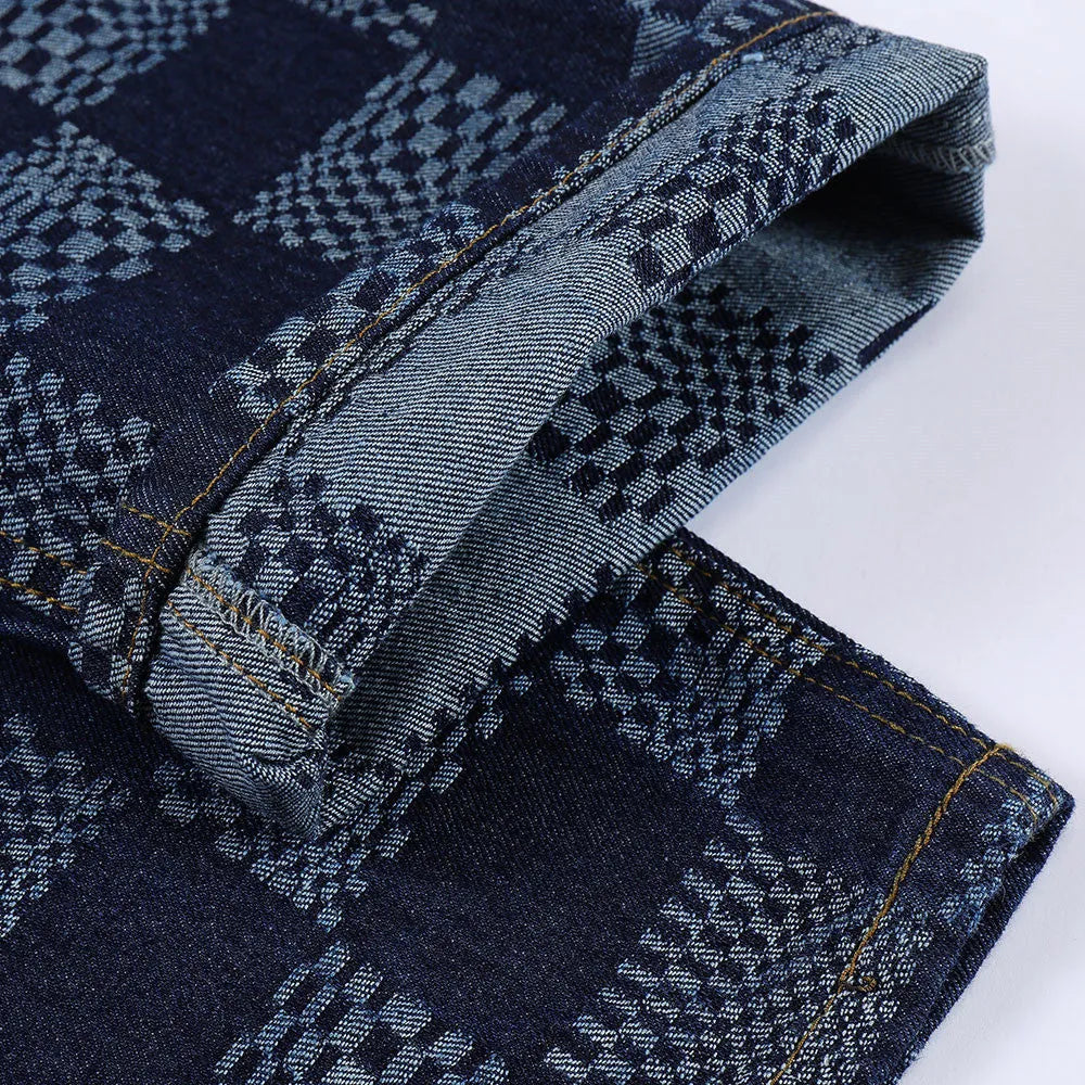 Fashion checkerboard jacquard jeans for men, straight loose fit cotton, black colour, size S to XL