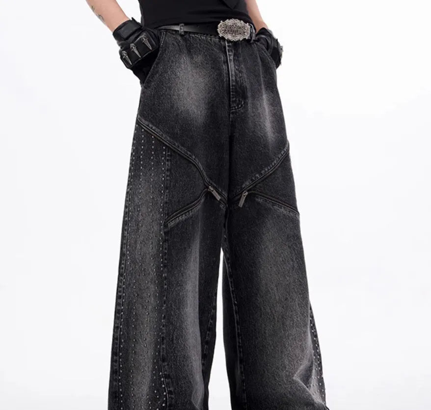 Korean style wide leg trousers and matching waistcoat set in black and grey washed denim fabric
