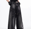 Korean style wide leg trousers and matching waistcoat set in black and grey washed denim fabric