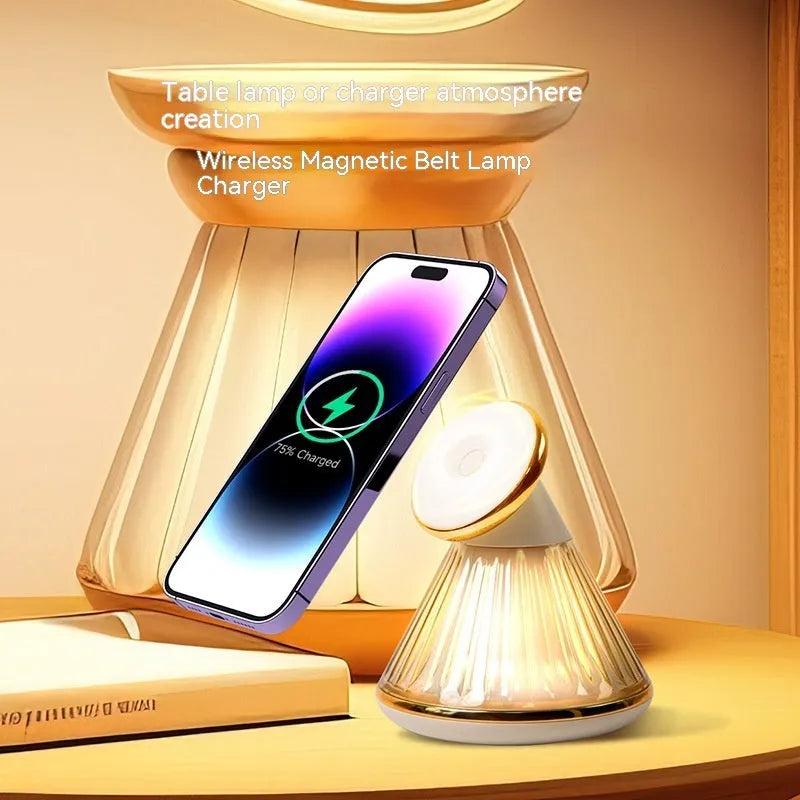 Night table lamp with magnetic wireless charging seat showing champagne gold finish and adjustable lighting