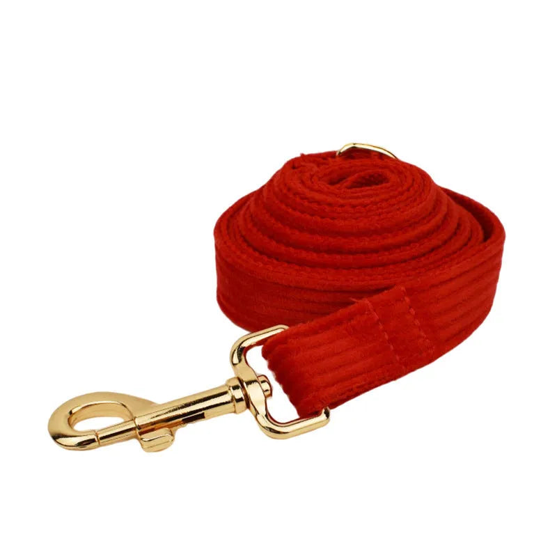Corduroy dog collar and leash set with matching vest, bow, and poop bag holder accessories