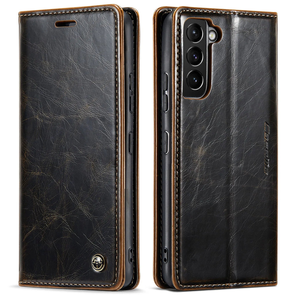 Crazy Horse pattern card flip phone case for Samsung A55 in black PC leather
