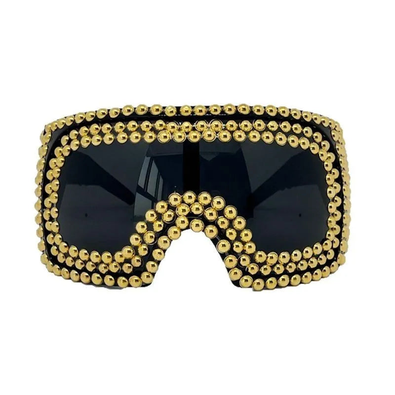 Men's super large rim square sunglasses with rivets, PC frame and lenses, gold finish