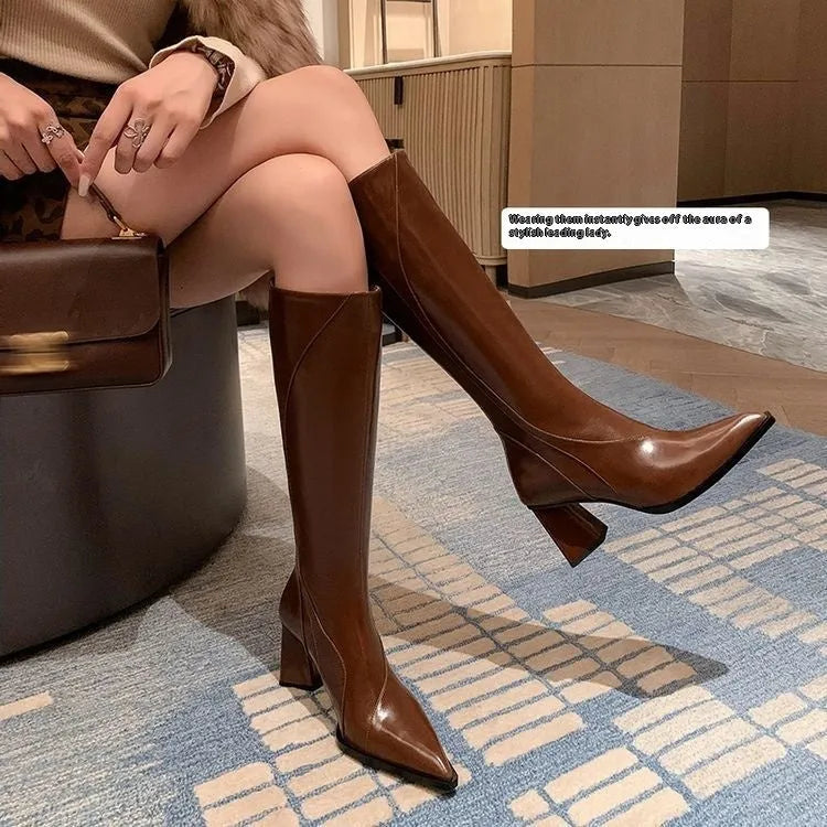 Retro brown cowhide women's riding boots with a high shaft and waterproof platform heel.