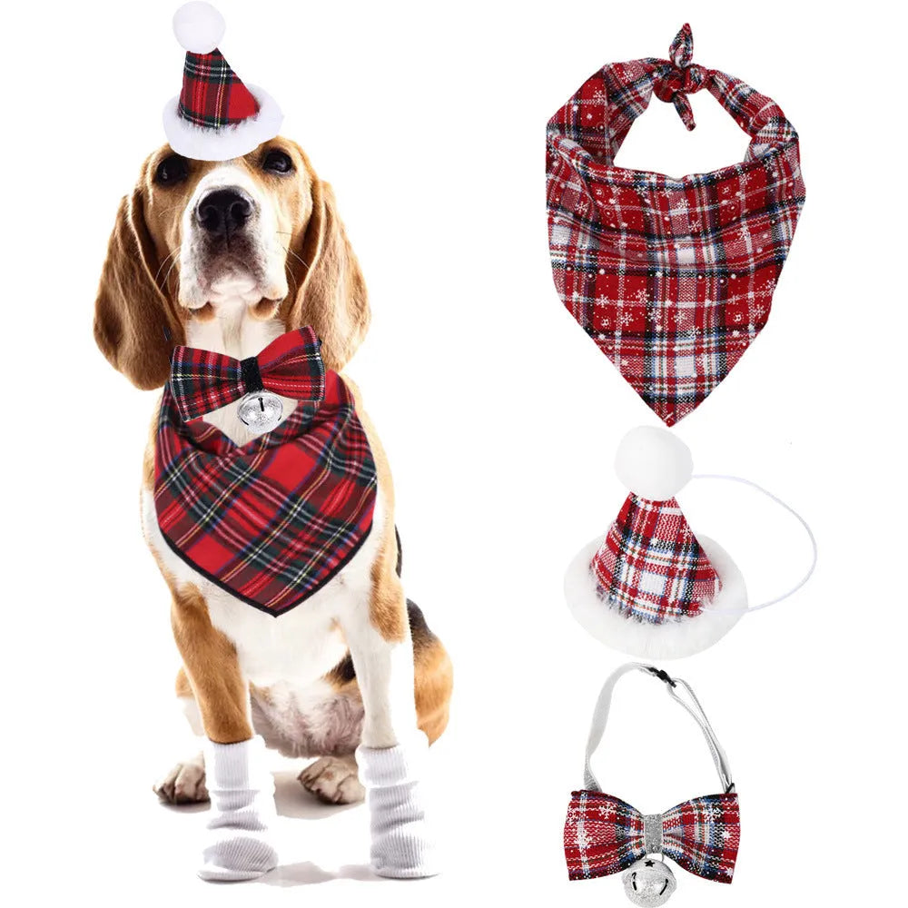 Red plaid triangle pet towel with tie-on bandana on a small dog, 60x45cm size, Christmas decoration