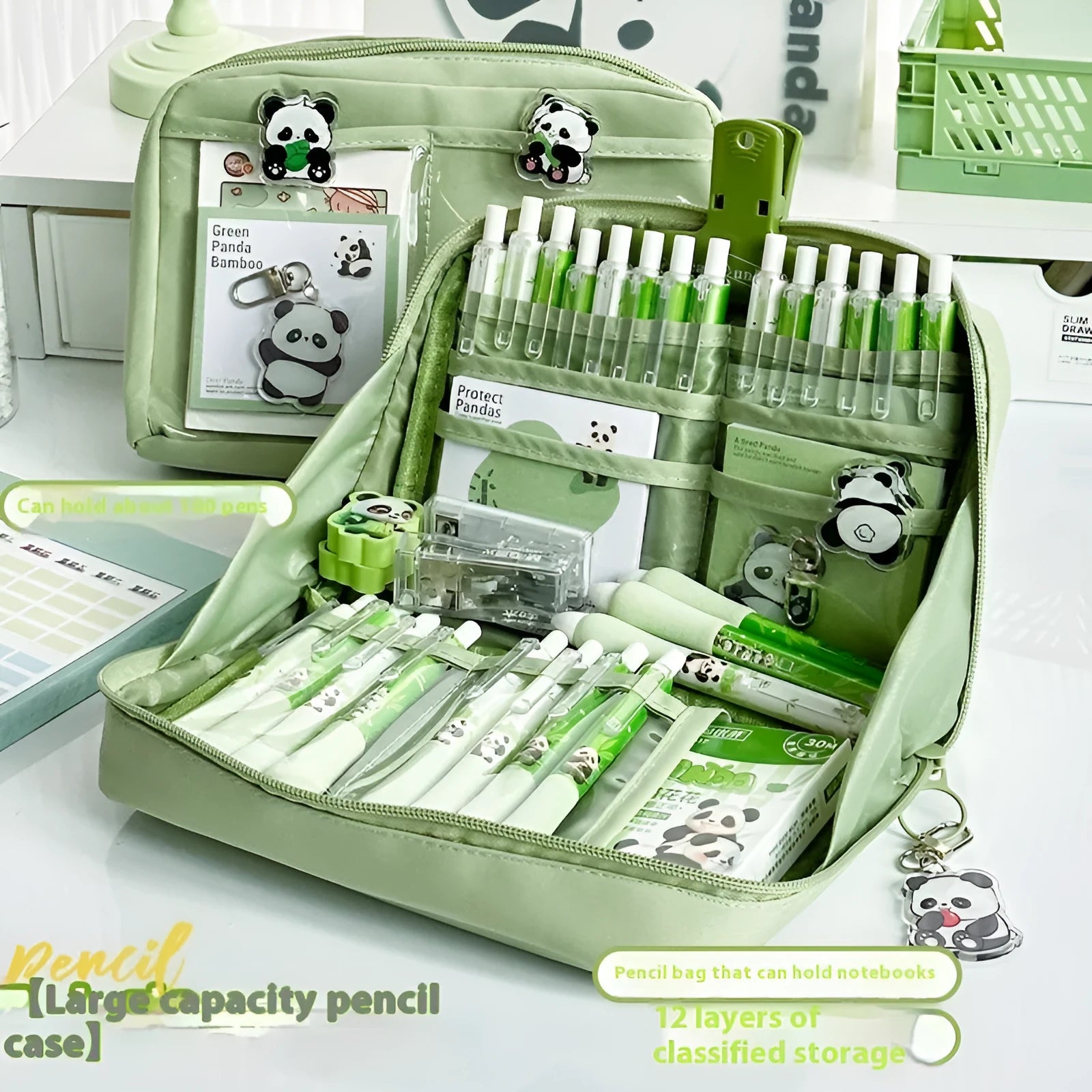 Green Korean-style canvas pencil case showing 12 open layers for organised pen and pencil storage